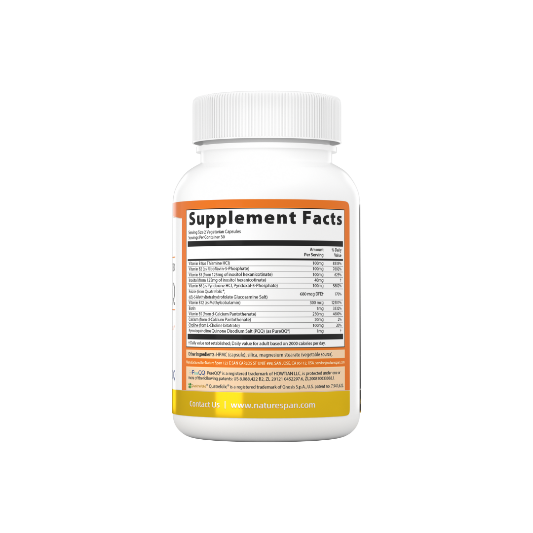 The supplement facts of Nature Span® Bioactive B100 + Patented PQQ dietary supplement.