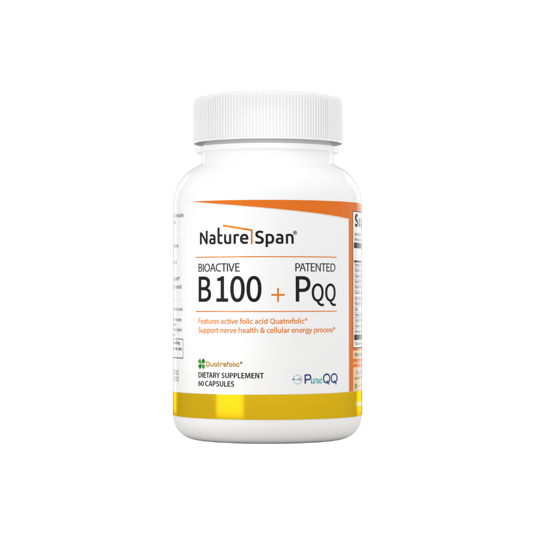 A bottle of Nature Span® Bioactive B100 + Patented PQQ dietary supplement.