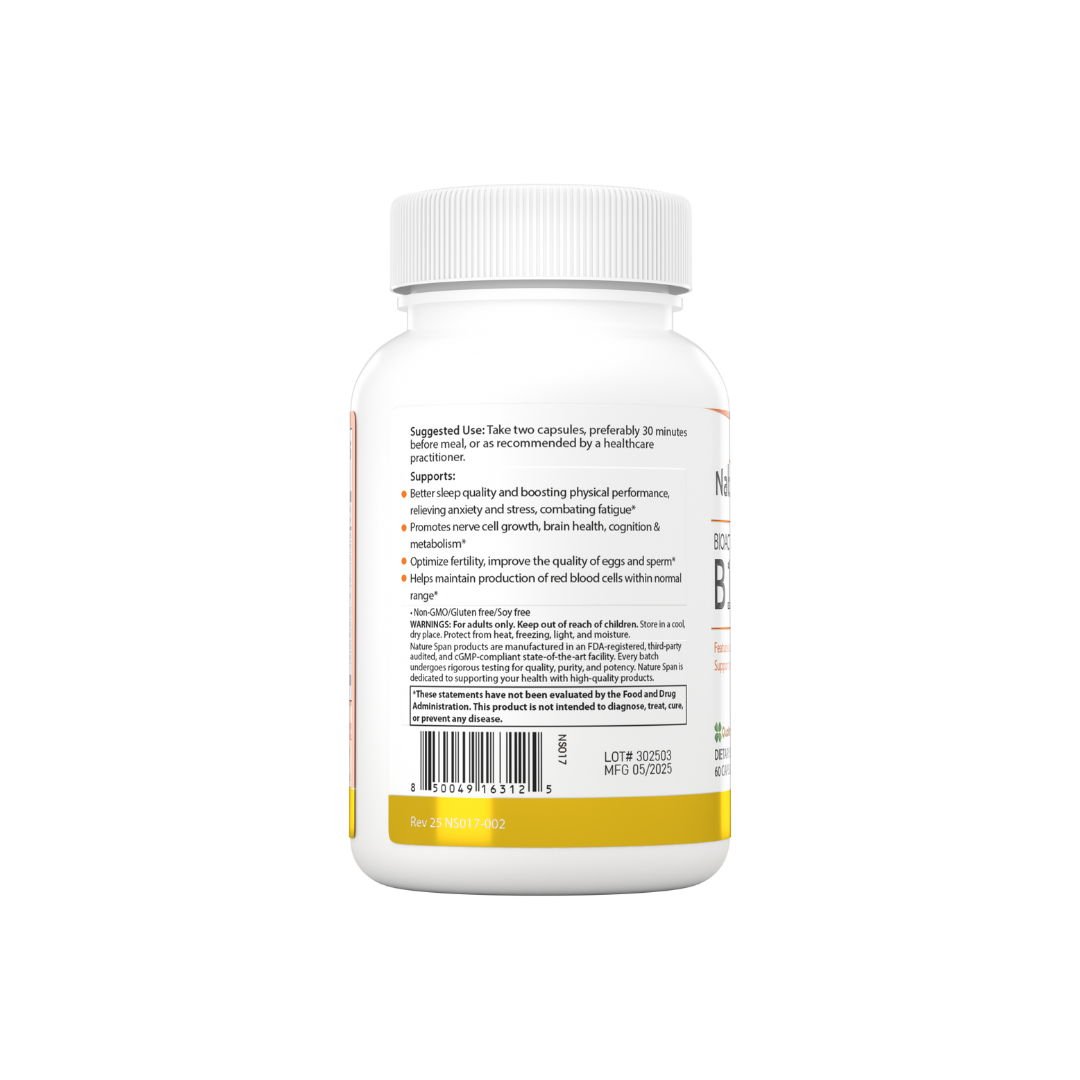 The backside of a bottle of Nature Span® Bioactive B100 + Patented PQQ dietary supplement.