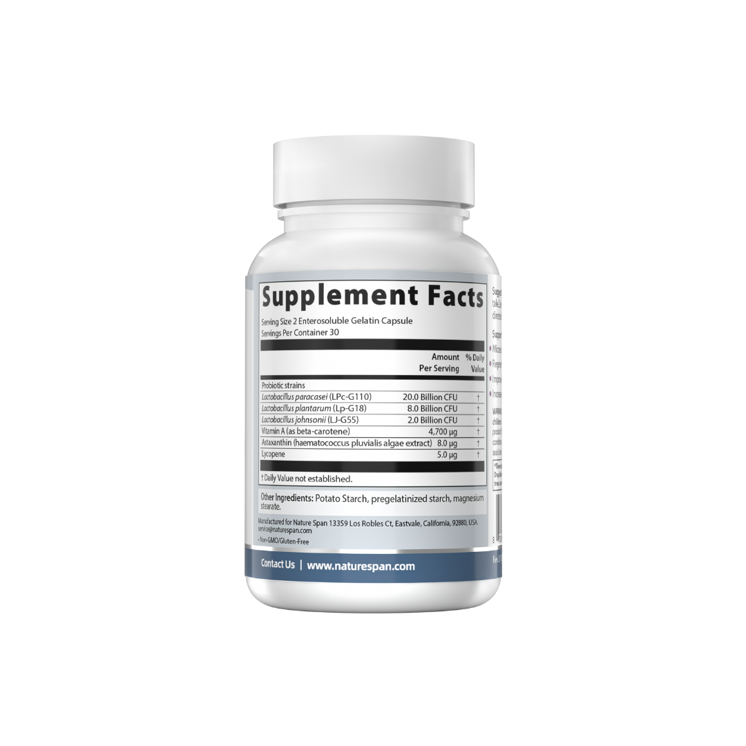 The supplement facts of NatureSpan® Skin Probiotic supplement designed to support skin health.