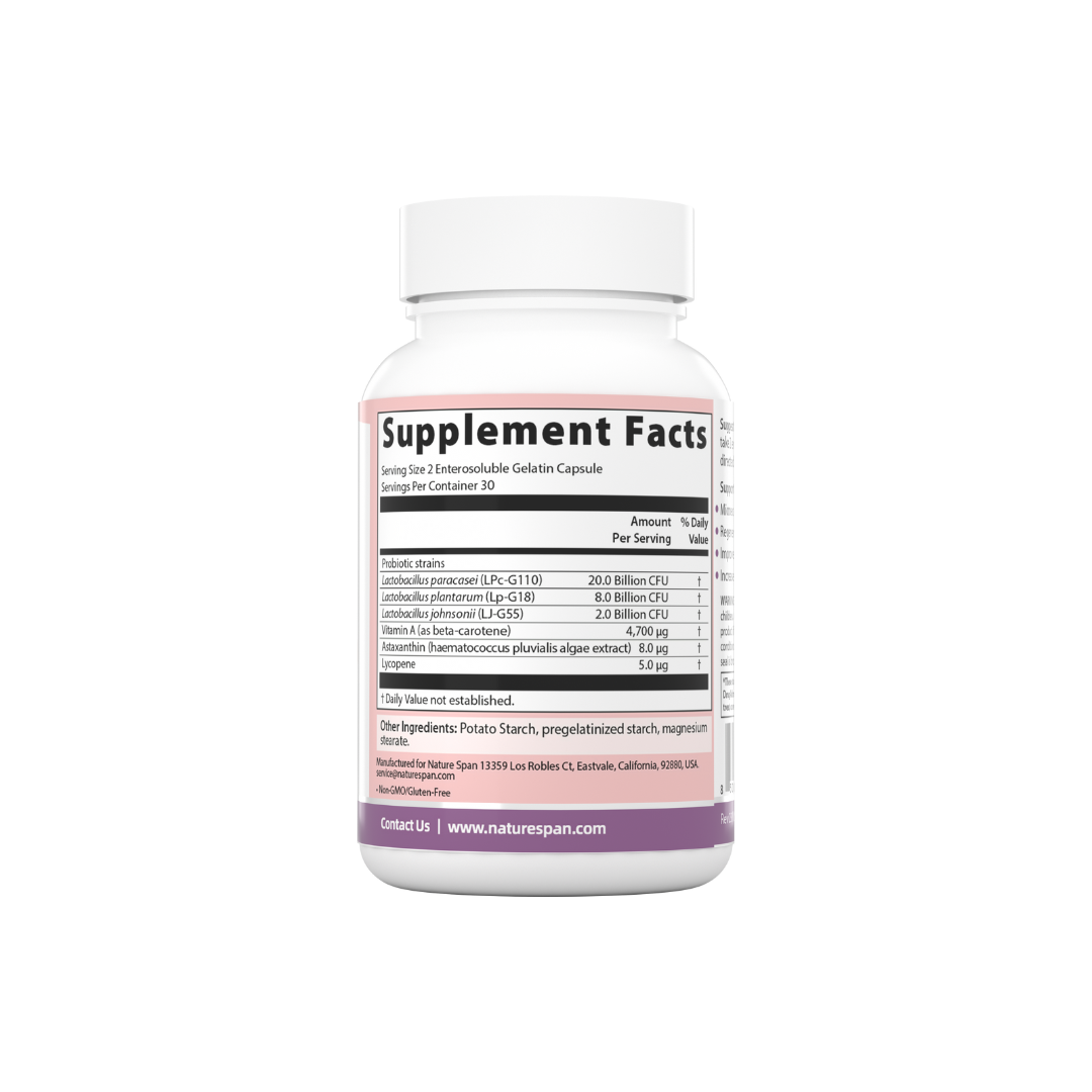 The supplement facts of Nature Span® Skin Probiotic supplement designed to support skin health.