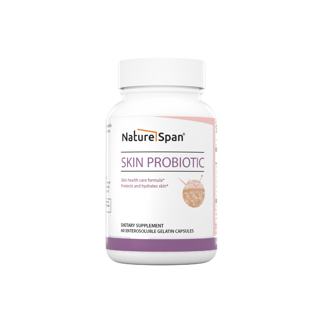 A bottle of Nature Span® Skin Probiotic supplement designed to support skin health.