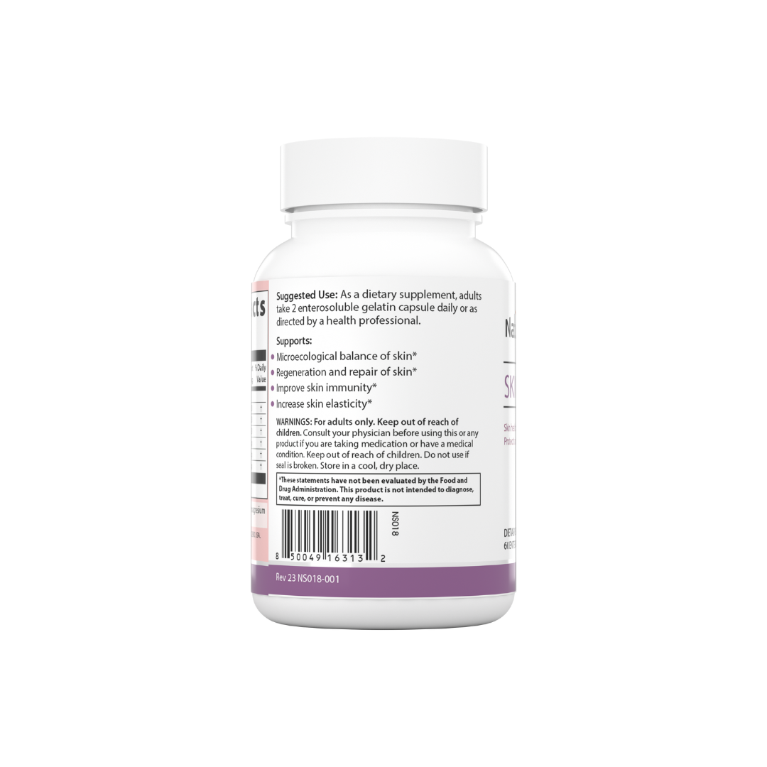 The backside of a bottle of Nature Span® Skin Probiotic supplement designed to support skin health.