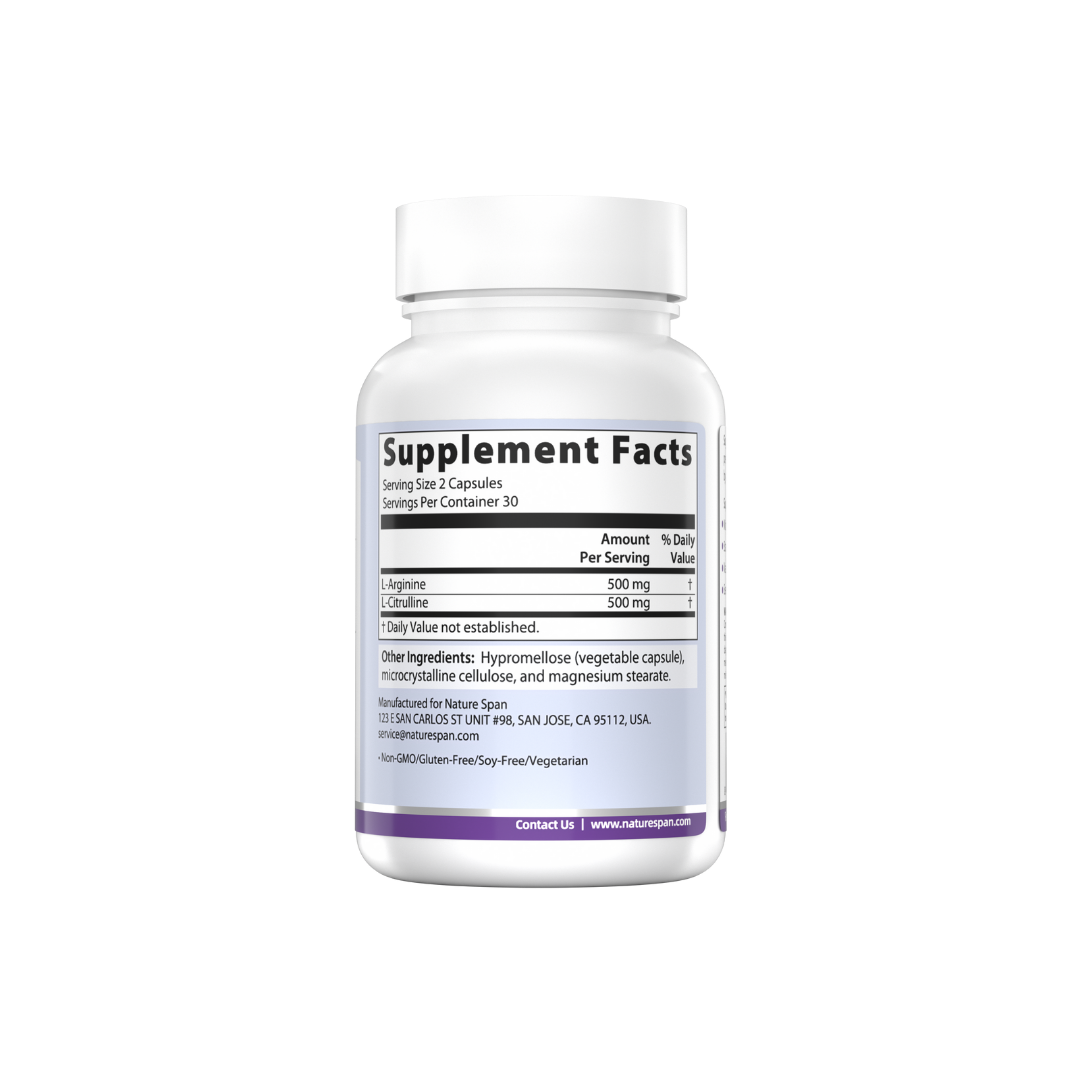 The bottle of NatureSpan® L-Arginine + L-Citrulline supplement capsules with supplement Facts sheet | NatureSpan®
