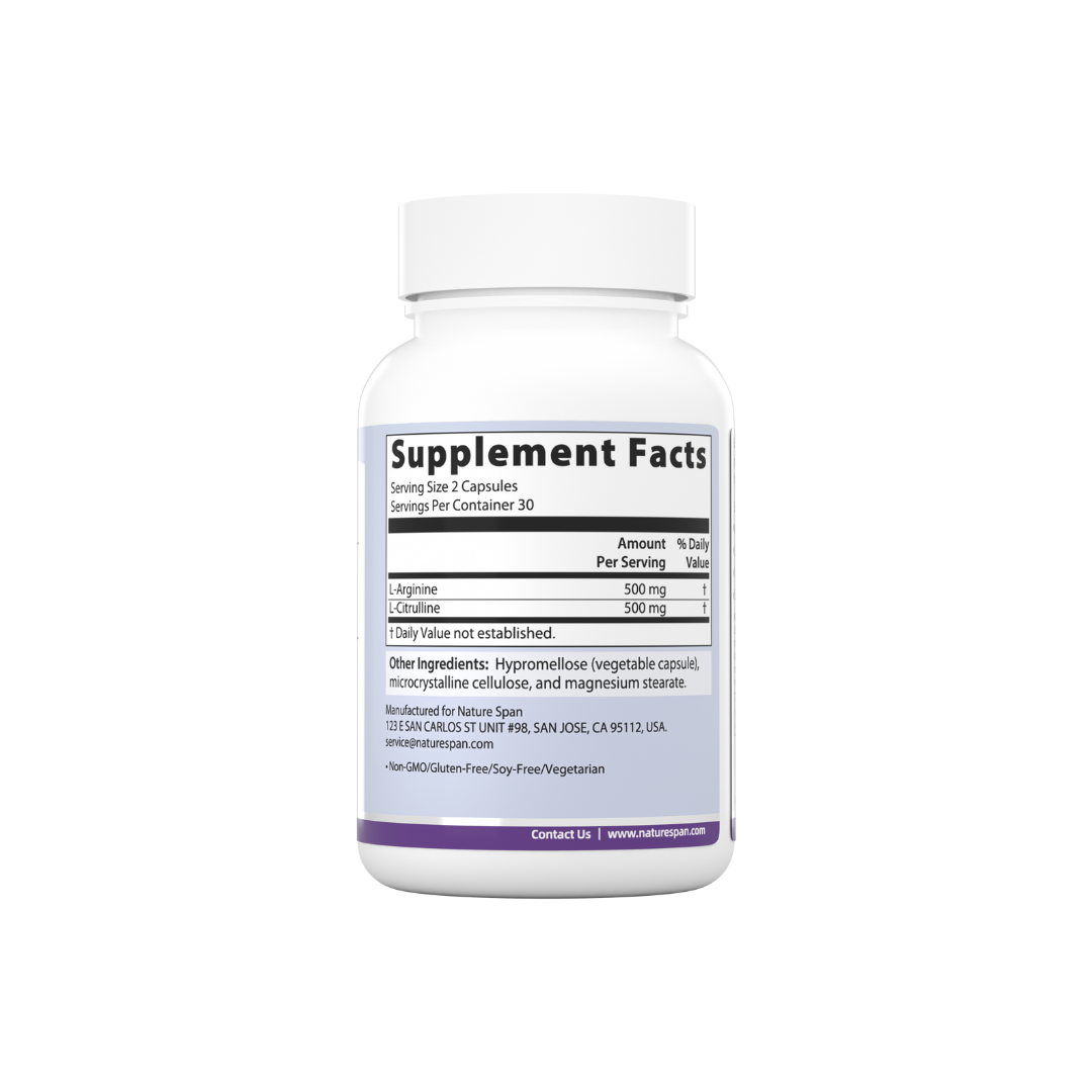 The supplement facts of the bottle of Nature Span® L-Arginine + L-Citrulline supplement capsules | NatureSpan®