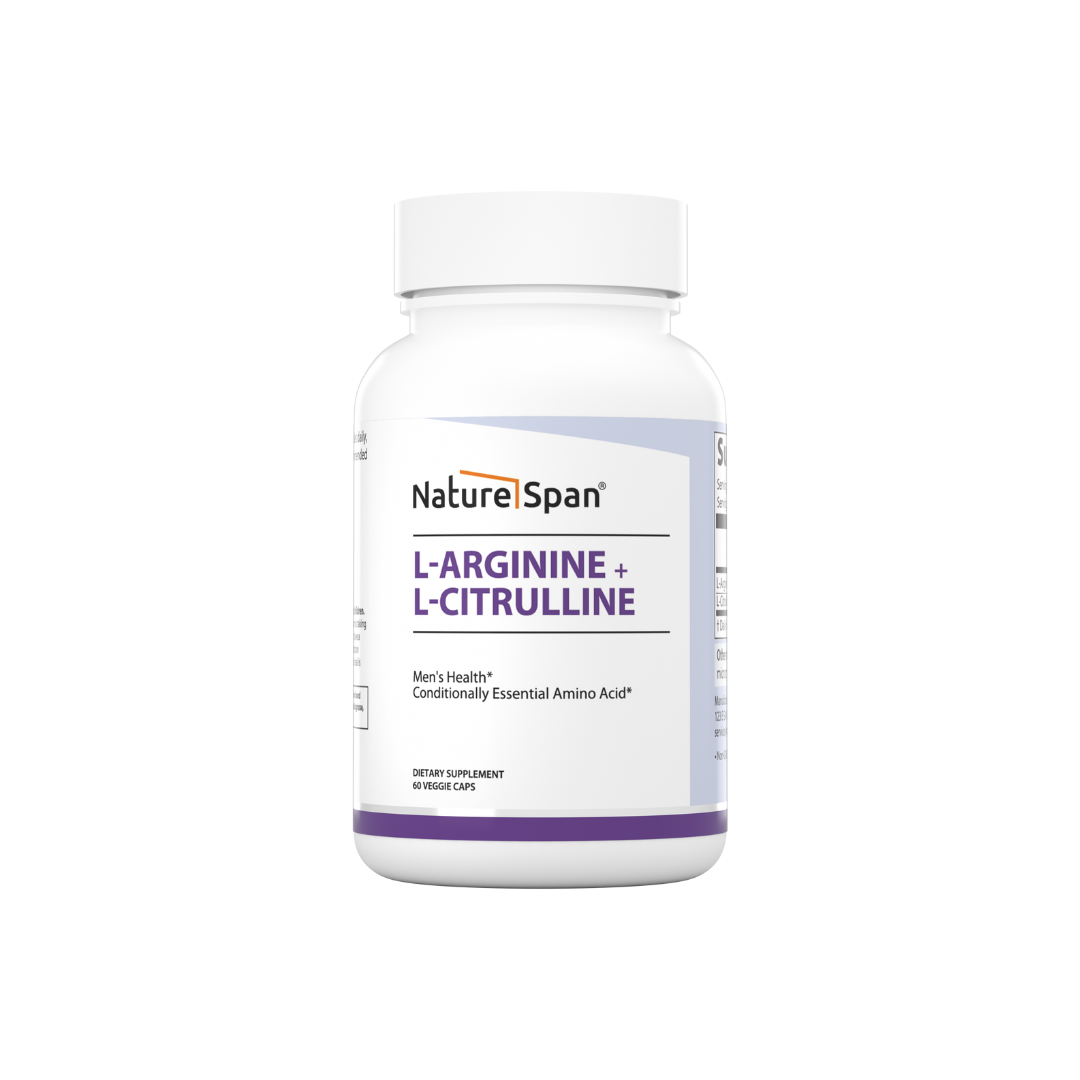 A bottle of Nature Span® L-Arginine + L-Citrulline supplement capsules | NatureSpan®