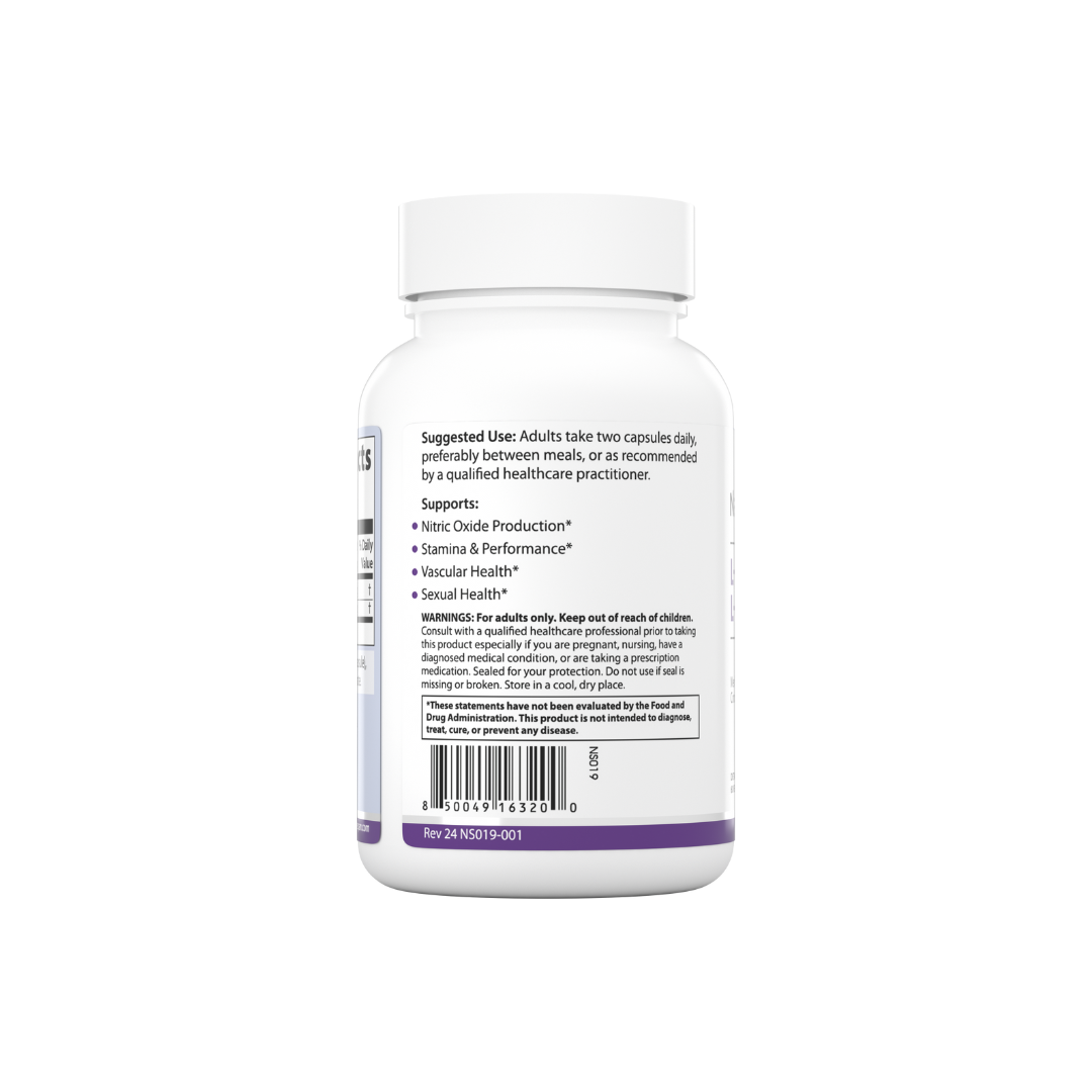 The backside of the bottle of Nature Span® L-Arginine + L-Citrulline supplement capsules | NatureSpan®