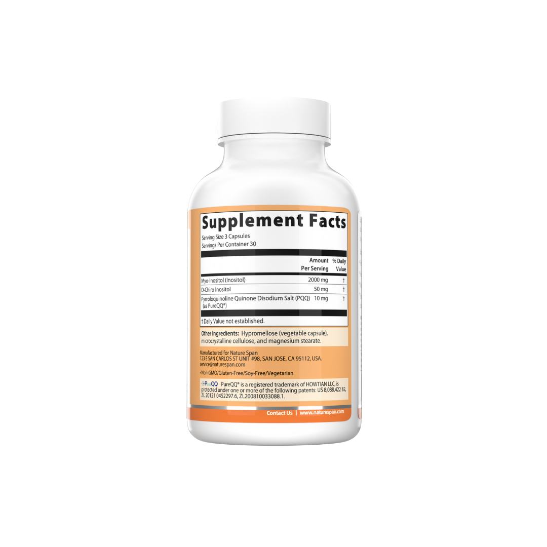 The supplement facts of NatureSpan® PQQ + Myo & D-Chiro Inositol 40:1 Ratio supplement, which is orange and white in color.