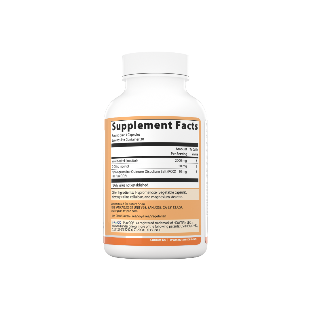 The supplement facts of Nature Span® PQQ + Myo & D-Chiro Inositol 40:1 Ratio supplement, which is orange and white in color.