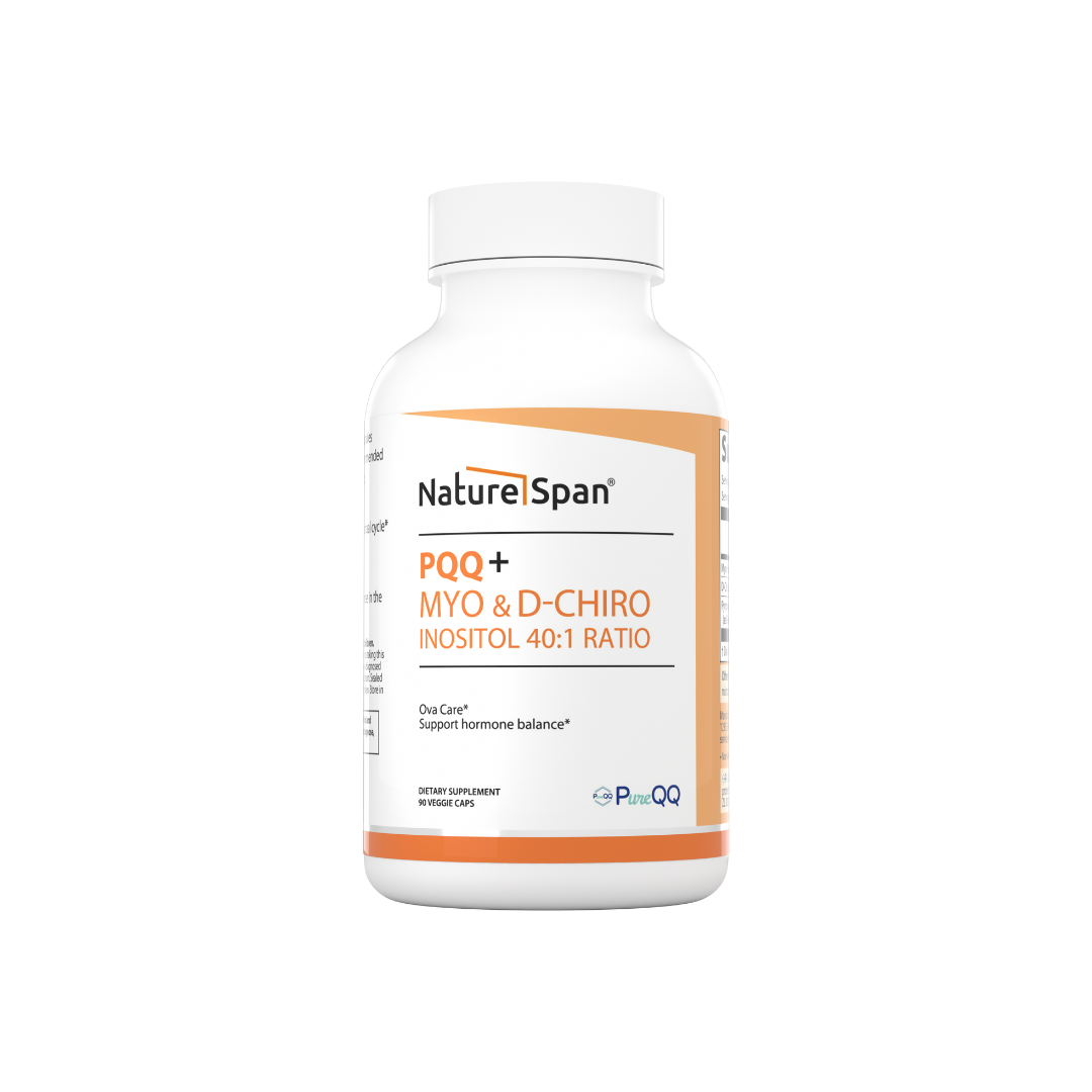 A bottle of Nature Span® PQQ + Myo & D-Chiro Inositol 40:1 Ratio supplement, which is orange and white in color.