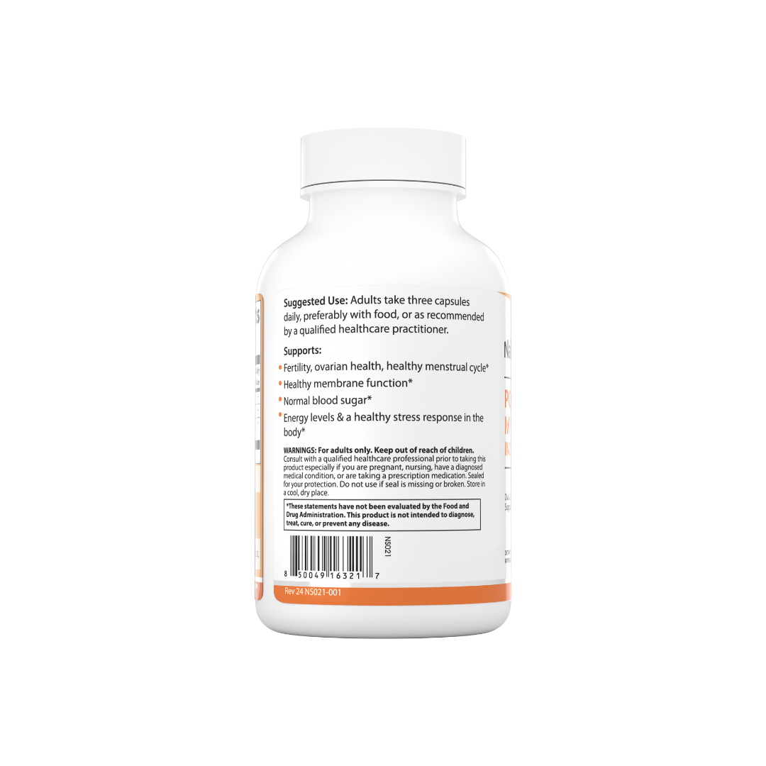 The backside of a bottle of Nature Span® PQQ + Myo & D-Chiro Inositol 40:1 Ratio supplement, which is orange and white in color.