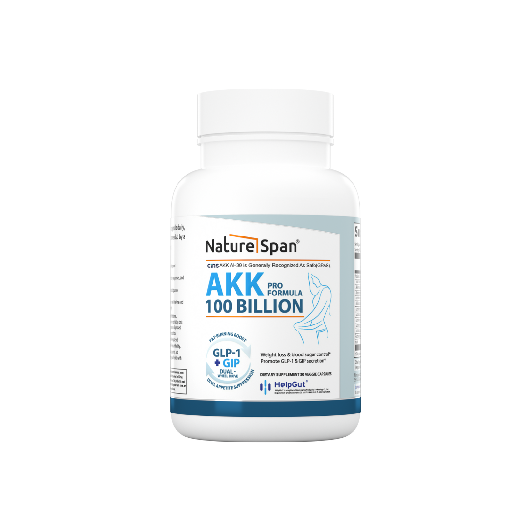 A bottle of Nature Span® AKK Pro Formula 100 Billion, which is a dietary supplement formulated with probiotics for gut health and metabolic support.