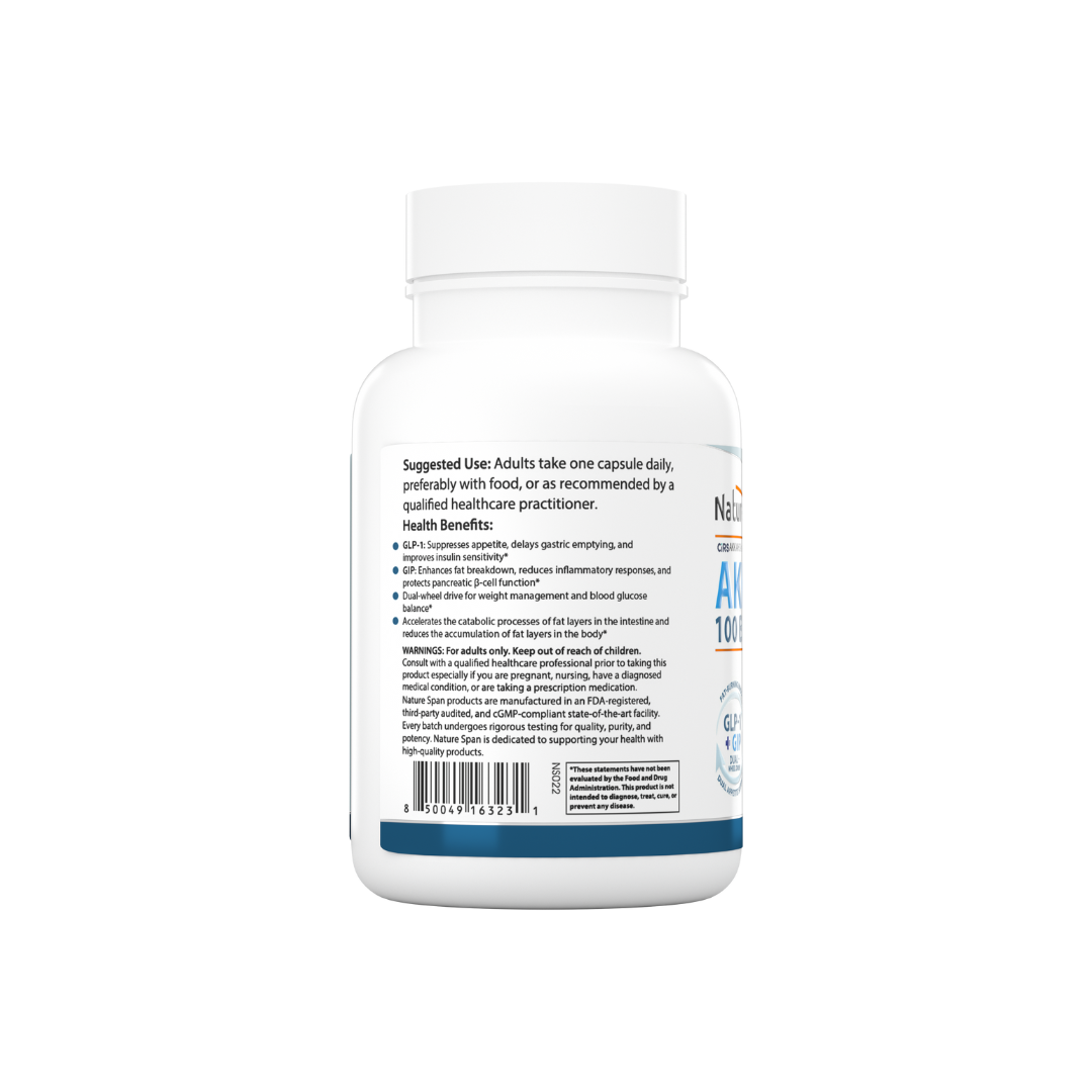 The backside of a bottle of Nature Span® AKK Pro Formula 100 Billion, which is a dietary supplement formulated with probiotics for gut health and metabolic support.