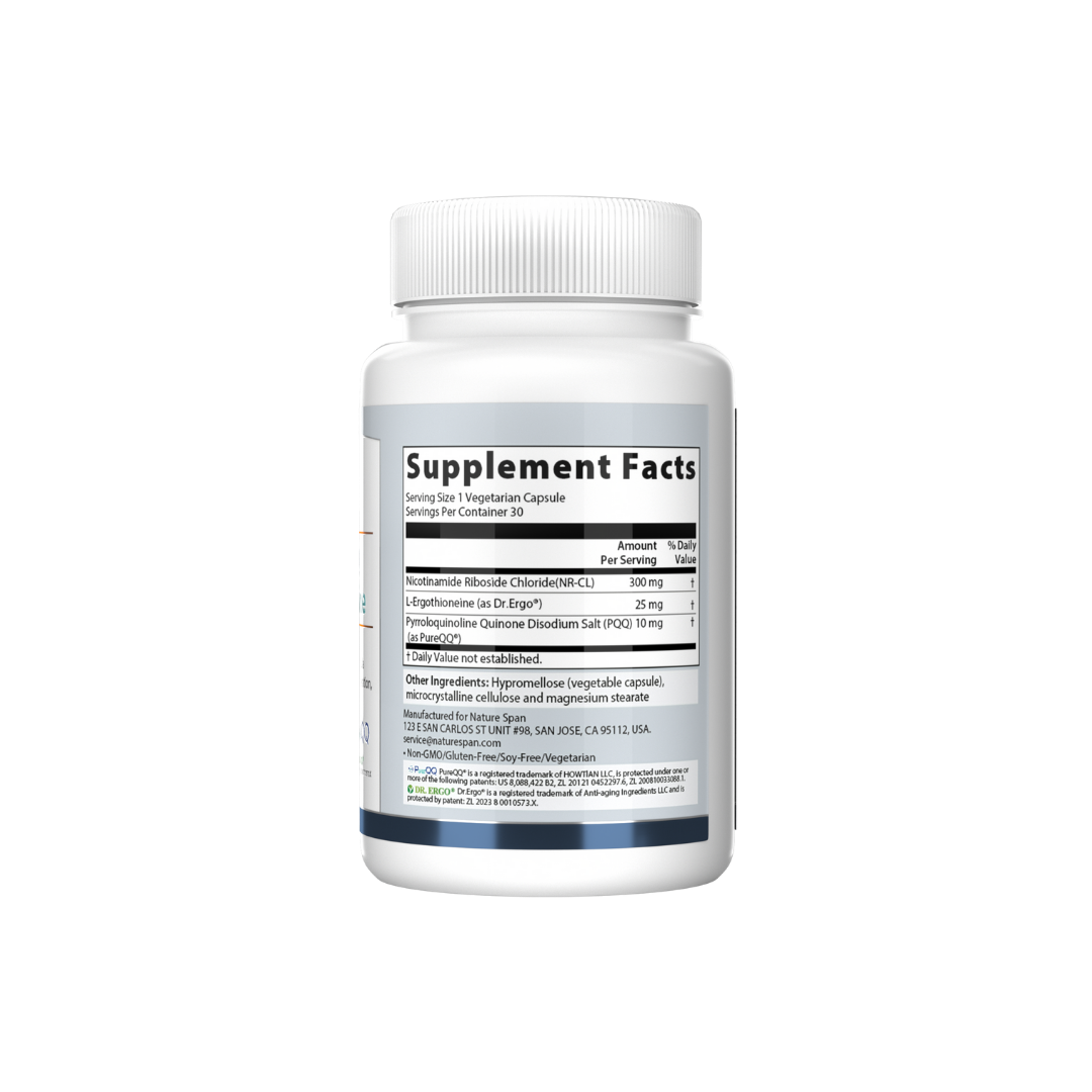 The supplement facts of NatureSpan® NAD+ PQQ L-Ergothioneine supplement with white and blue label.