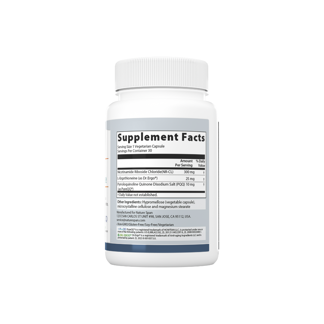 The supplement facts of Nature Span® NAD+ PQQ L-Ergothioneine supplement with white and blue label.