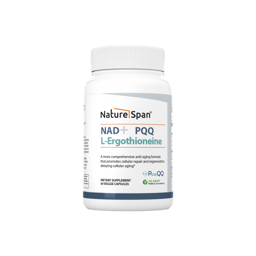 A bottle of Nature Span® NAD+ PQQ L-Ergothioneine supplement with white and blue label.