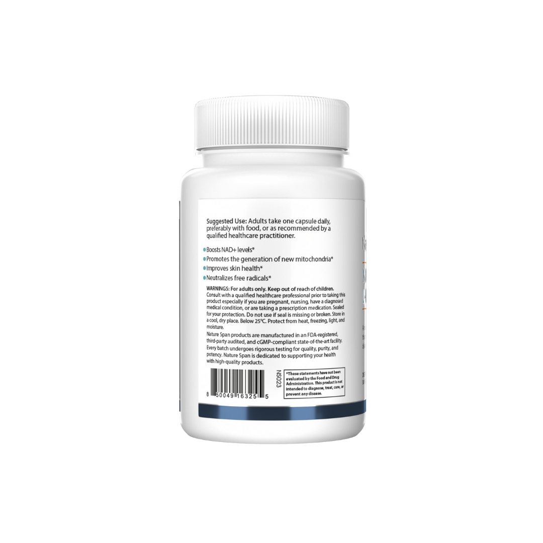 The backside of a bottle of NatureSpan® NAD+ PQQ L-Ergothioneine supplement with white and blue label.