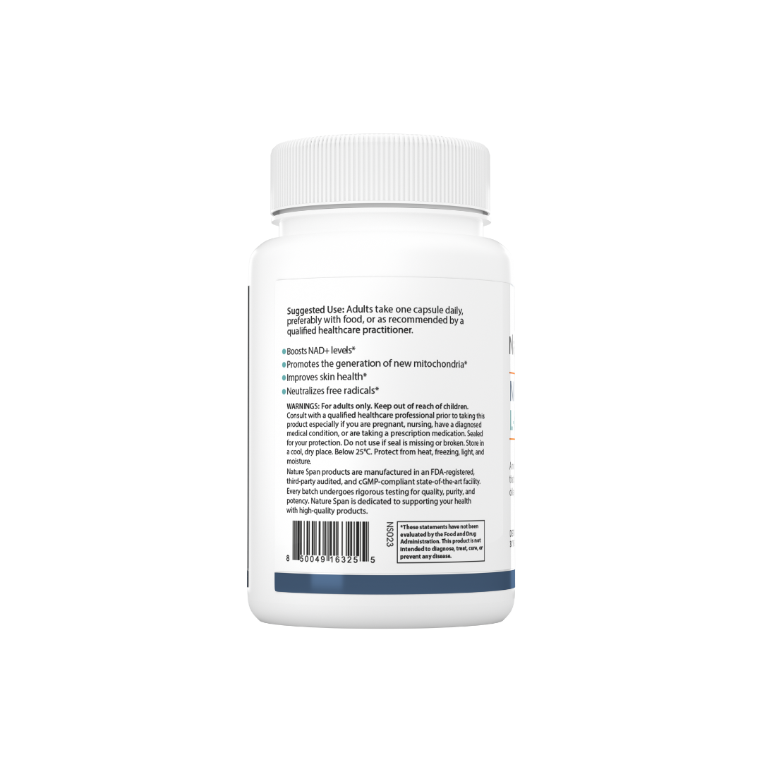 The backside of a bottle of Nature Span® NAD+ PQQ L-Ergothioneine supplement with white and blue label.