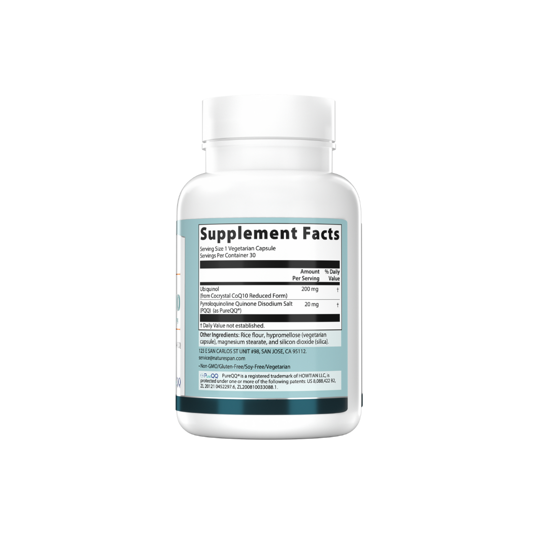 The supplement facts of NatureSpan® Patent PQQ 20 mg with Super CoQ10 Ubiquinol 200 mg supplement, labeled as supporting cellular energy, mitochondria health, and antioxidant protection.