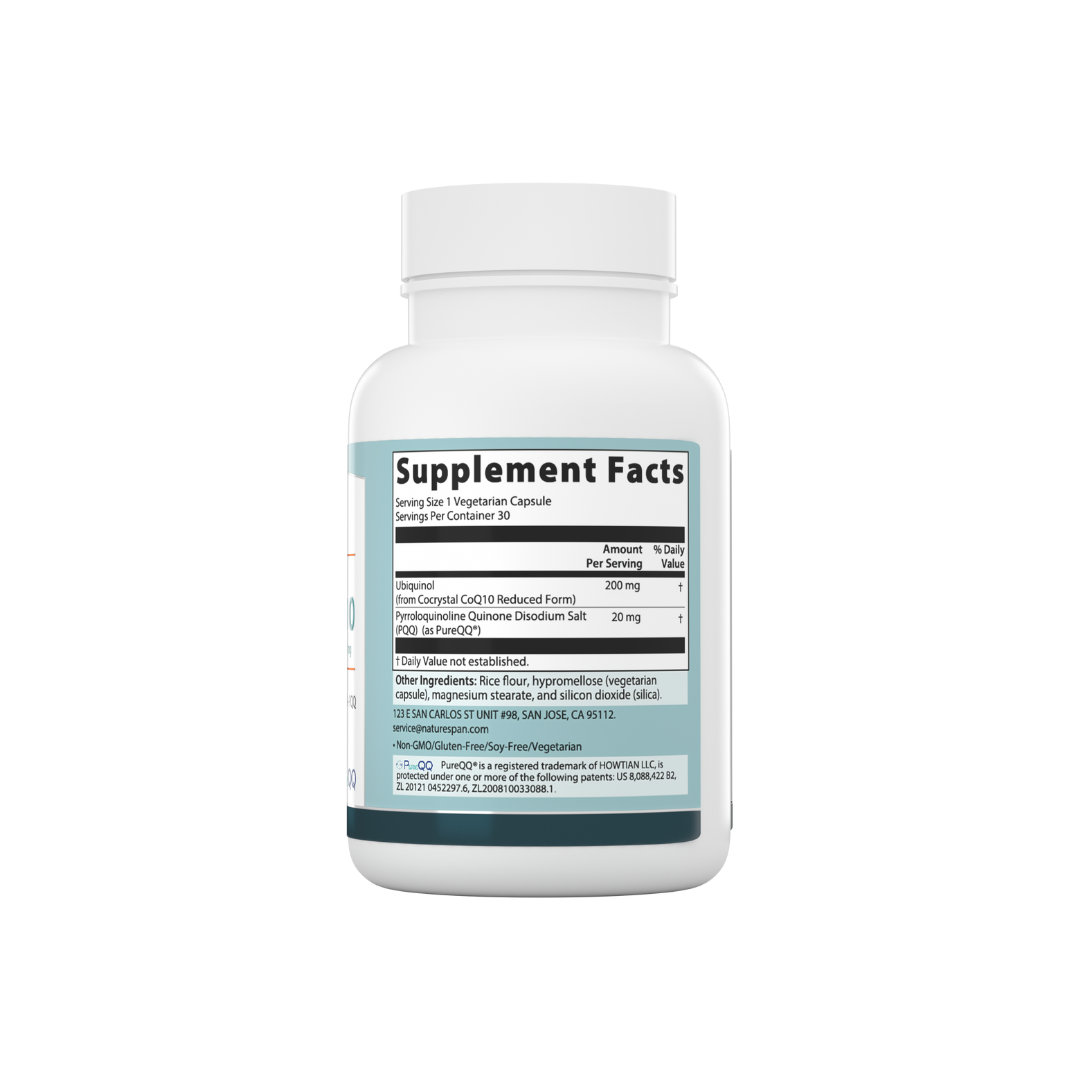 The supplement facts of Nature Span® Patent PQQ 20 mg with Super CoQ10 Ubiquinol 200 mg supplement, labeled as supporting cellular energy, mitochondria health, and antioxidant protection.