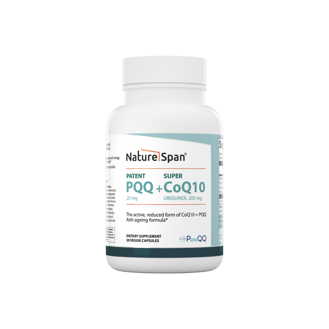 A bottle of Nature Span® Patent PQQ 20 mg with Super CoQ10 Ubiquinol 200 mg supplement, labeled as supporting cellular energy, mitochondria health, and antioxidant protection.