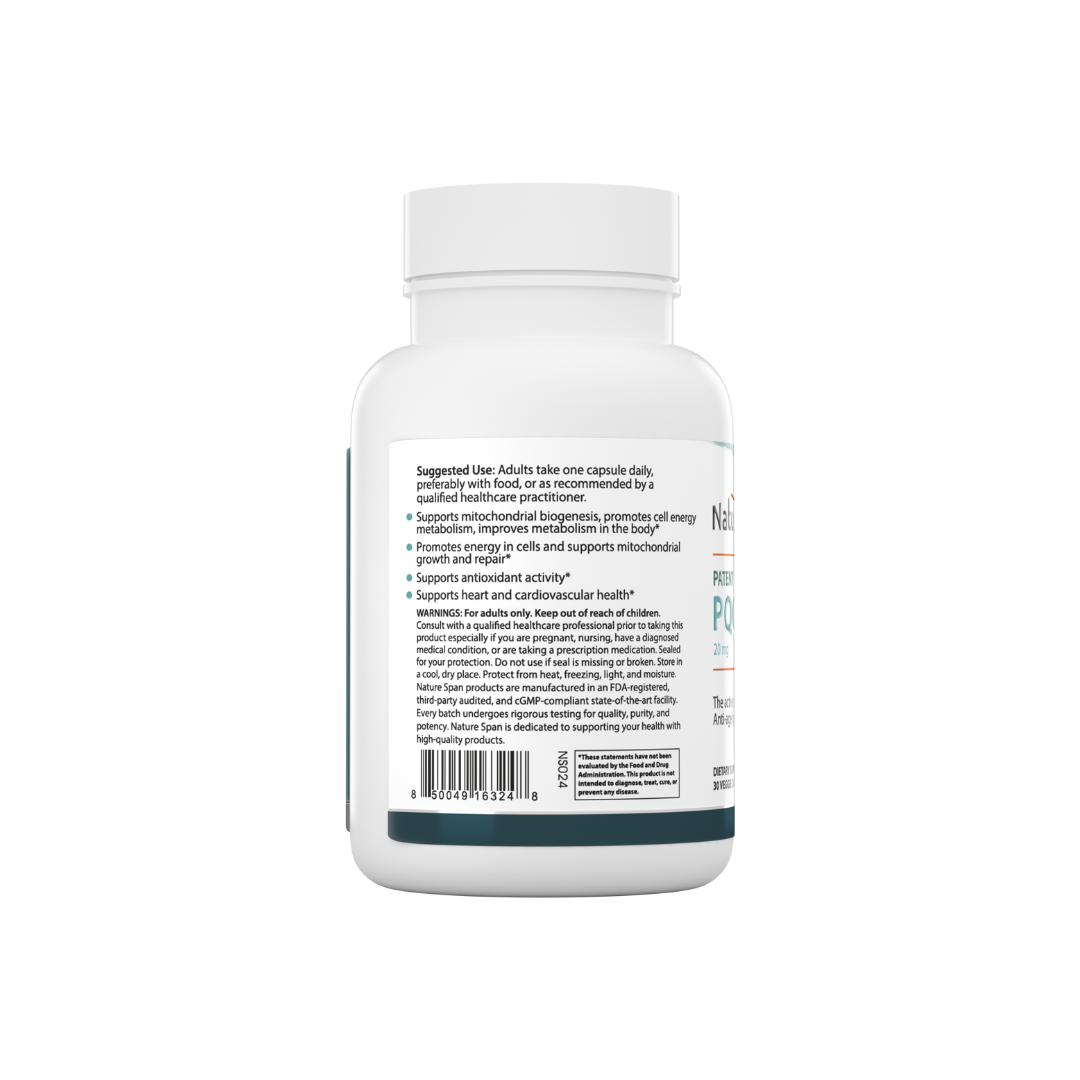 The backside of a bottle of Nature Span® Patent PQQ 20 mg with Super CoQ10 Ubiquinol 200 mg supplement, labeled as supporting cellular energy, mitochondria health, and antioxidant protection.