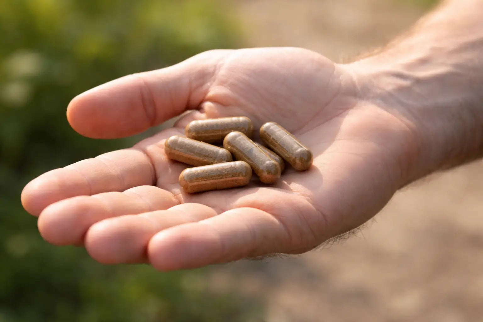 Tribulus supplements on the man's hand