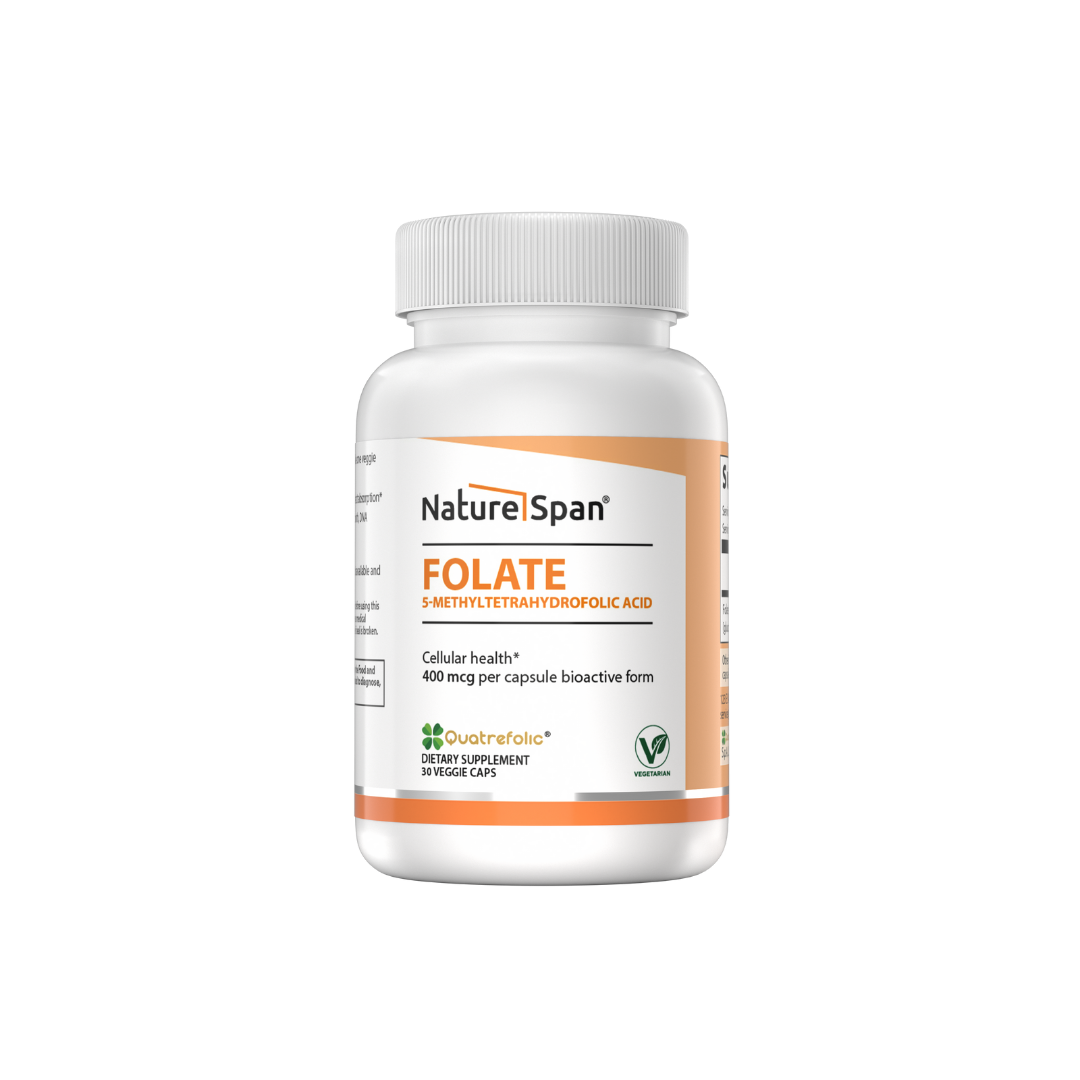 A bottle of NatureSpan® Folate 5-Methyltetrahydrofolic Acid 400 mcg supplements, with a white label and orange and white branding.