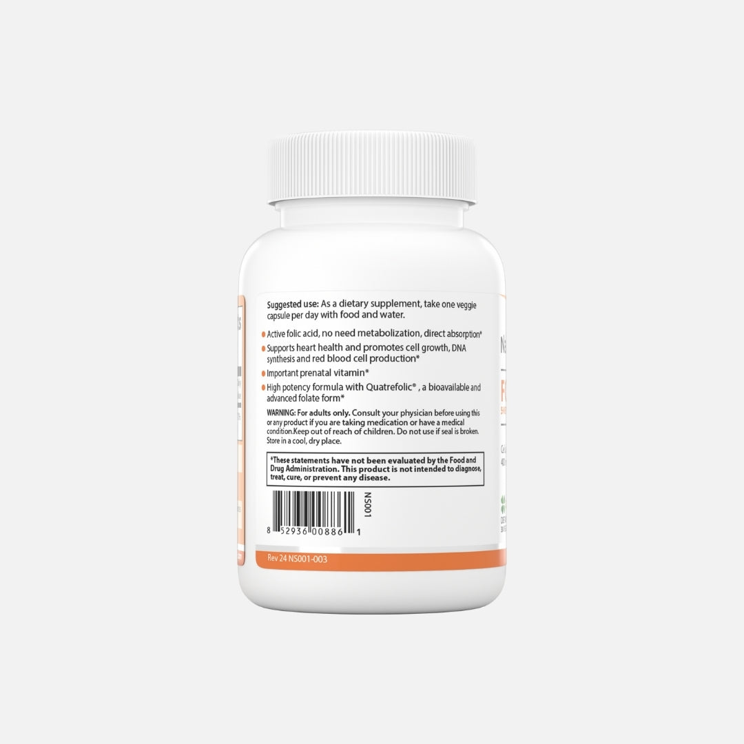 The backside of a bottle of Nature Span® Folate 5-Methyltetrahydrofolic Acid 400 mcg supplements, with a white label and orange and white branding.