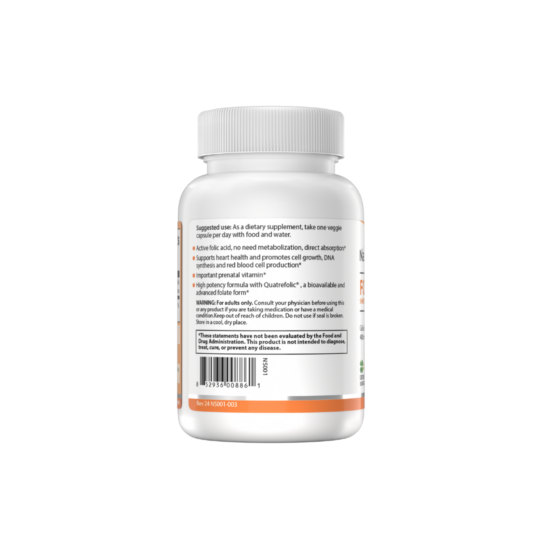 The backside of a bottle of NatureSpan® Folate 5-Methyltetrahydrofolic Acid 400 mcg supplements, with a white label and orange and white branding.