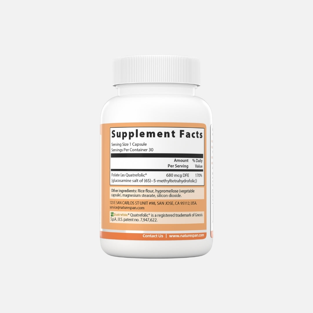 The supplement facts of Nature Span® Folate 5-Methyltetrahydrofolic Acid 800 mcg supplements, with a white label and orange and white branding.