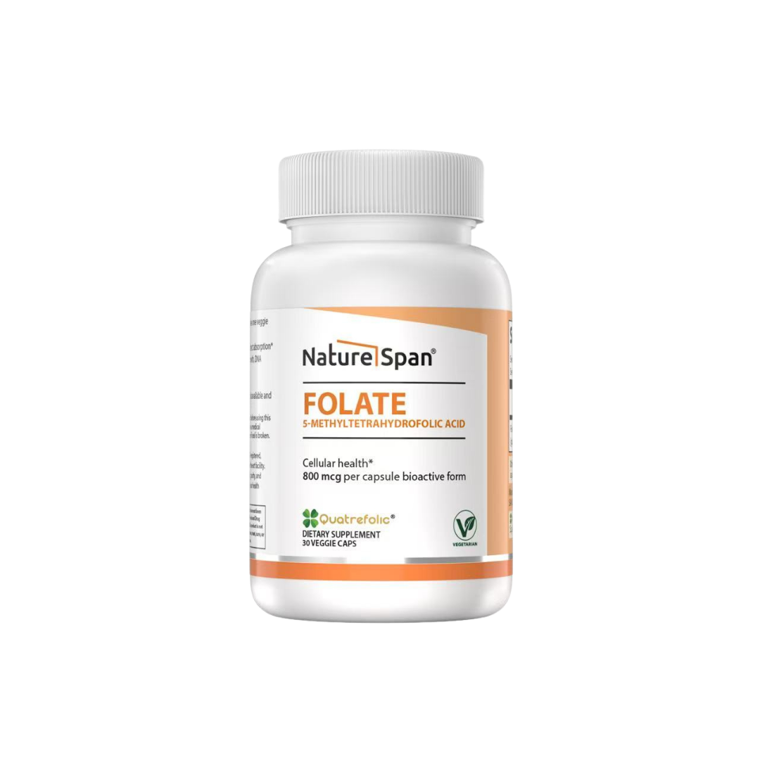 A bottle of NatureSpan® Folate 5-Methyltetrahydrofolic Acid 800 mcg supplement, white and orange label with product information.