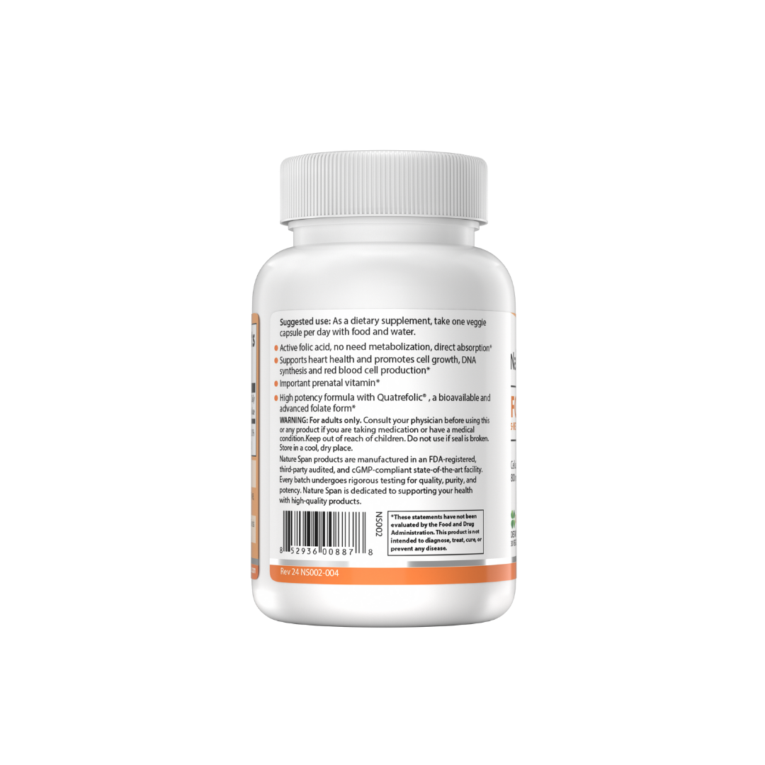 The backside of a bottle of NatureSpan® Folate 5-Methyltetrahydrofolic Acid 800 mcg supplement, white and orange label with product information.