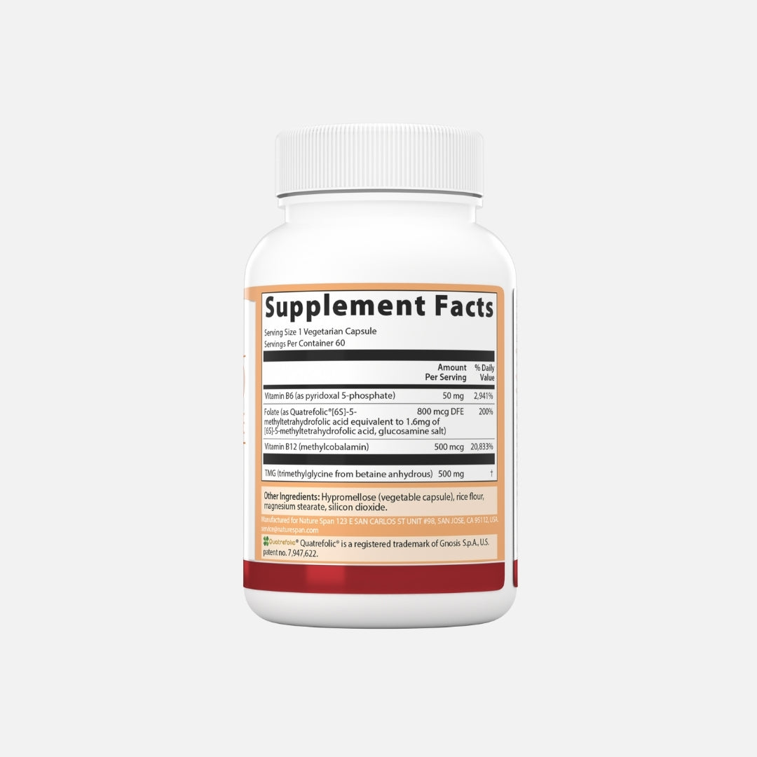 The supplement facts of Nature Span® Tri-Layer Tablets Activated Homocysteine with red and white color scheme.