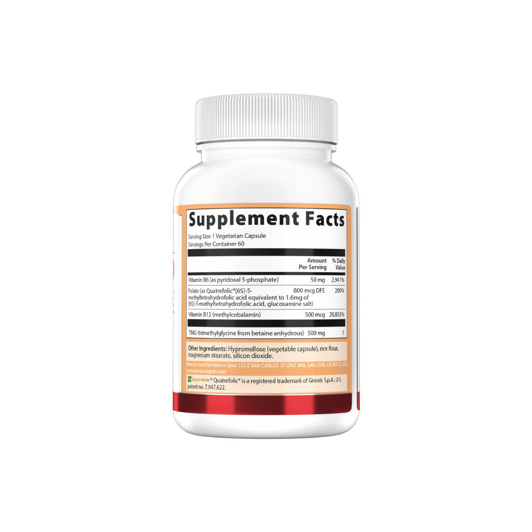 The supplement facts of NatureSpan® Tri-Layer Tablets Activated Homocysteine with red and white color scheme.