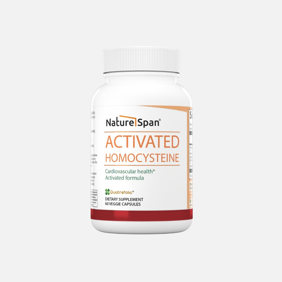 A box of Nature Span® Tri-Layer Tablets Activated Homocysteine with red and white color scheme.