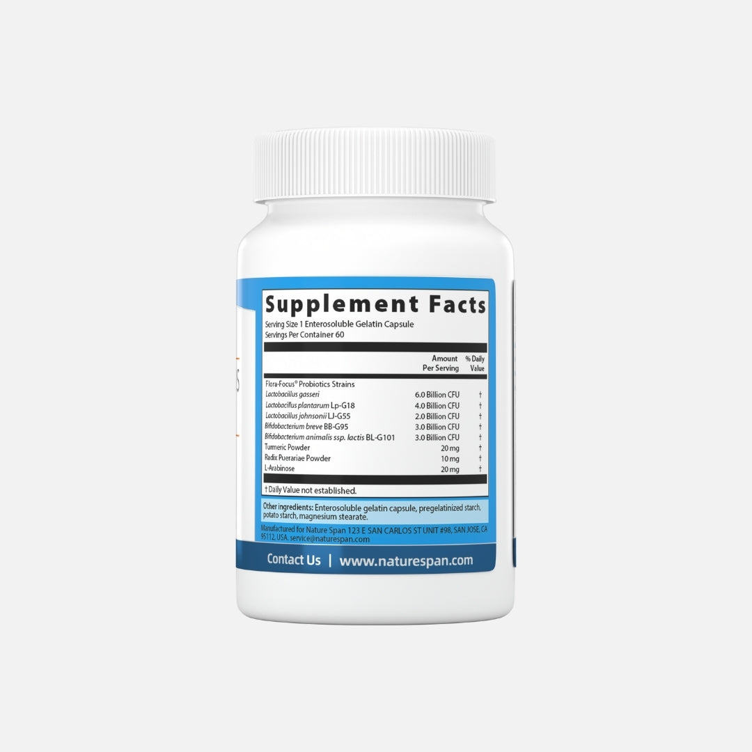 The supplement facts of Nature Span® Lactobacillus Gasseri dietary supplement with blue and white labeling.