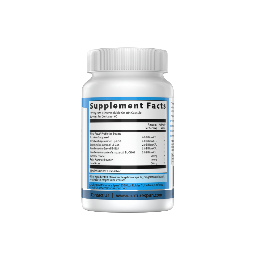 The supplement facts of NatureSpan® Lactobacillus Gasseri dietary supplement with blue and white labeling.