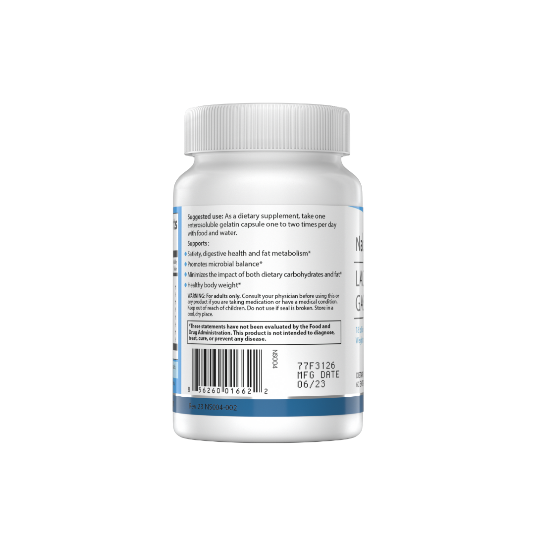 The back of NatureSpan® Lactobacillus Gasseri dietary supplement with blue and white labeling.