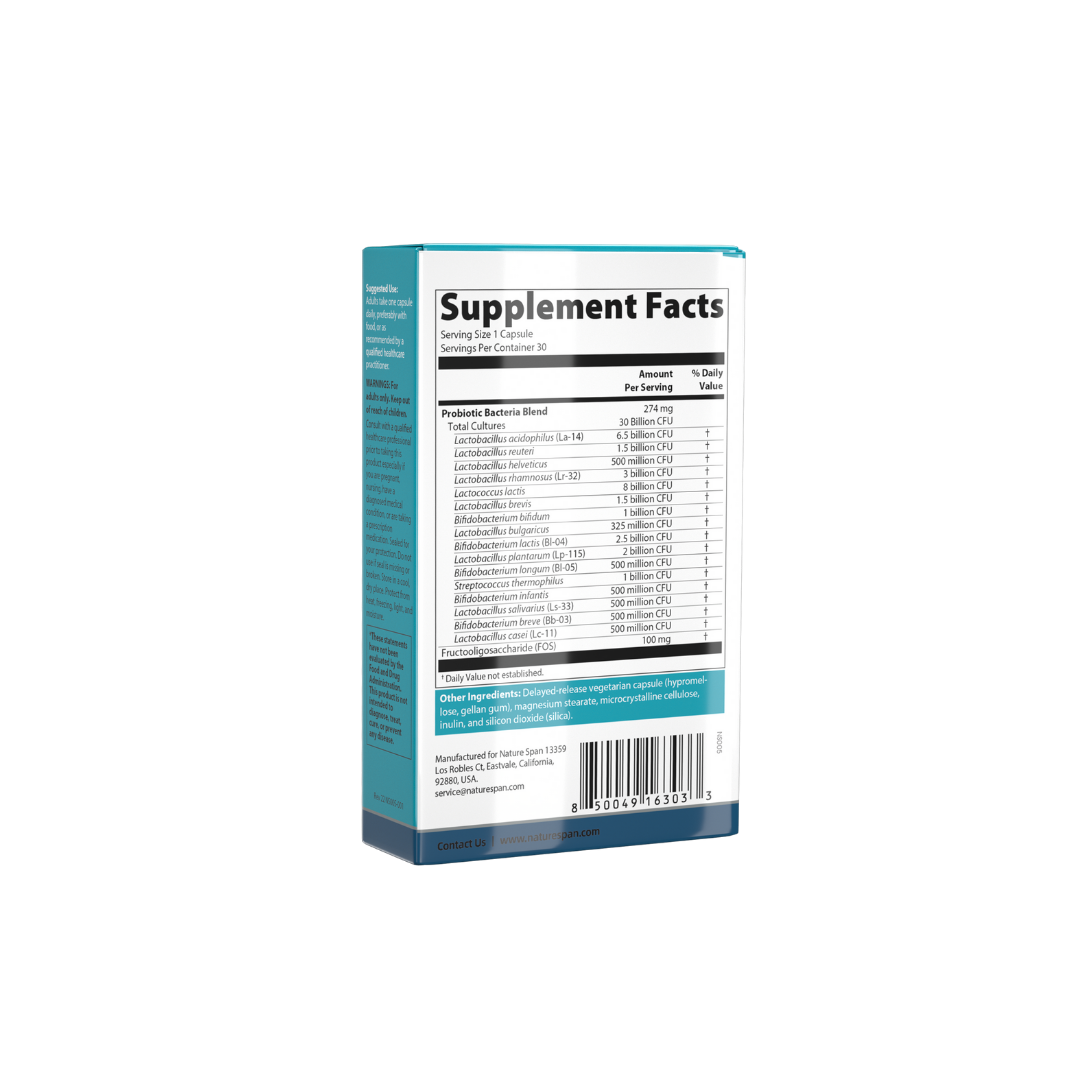 The supplement facts of NatureSpan® probiotic supplement with the text '30 Billion CFU 16-Strain Probiotic with FOS' displayed on the front.