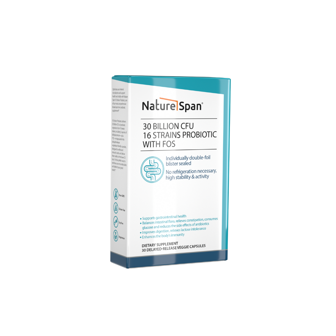 A box of NatureSpan® probiotic supplement with the text '30 Billion CFU 16-Strain Probiotic with FOS' displayed on the front.