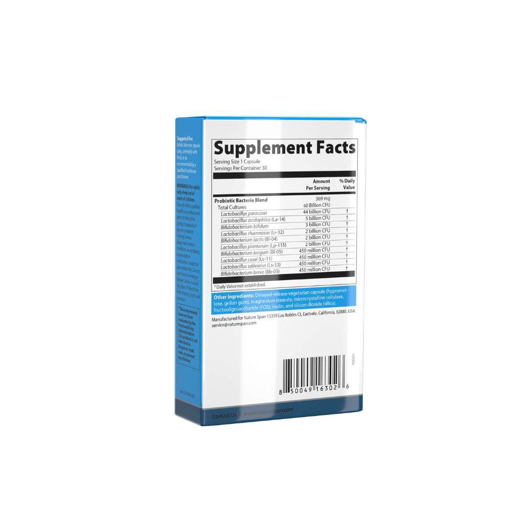 The supplement facts of NatureSpan® 60 Billion CFU 10 Strain Probiotics supplement with blue and white packaging.