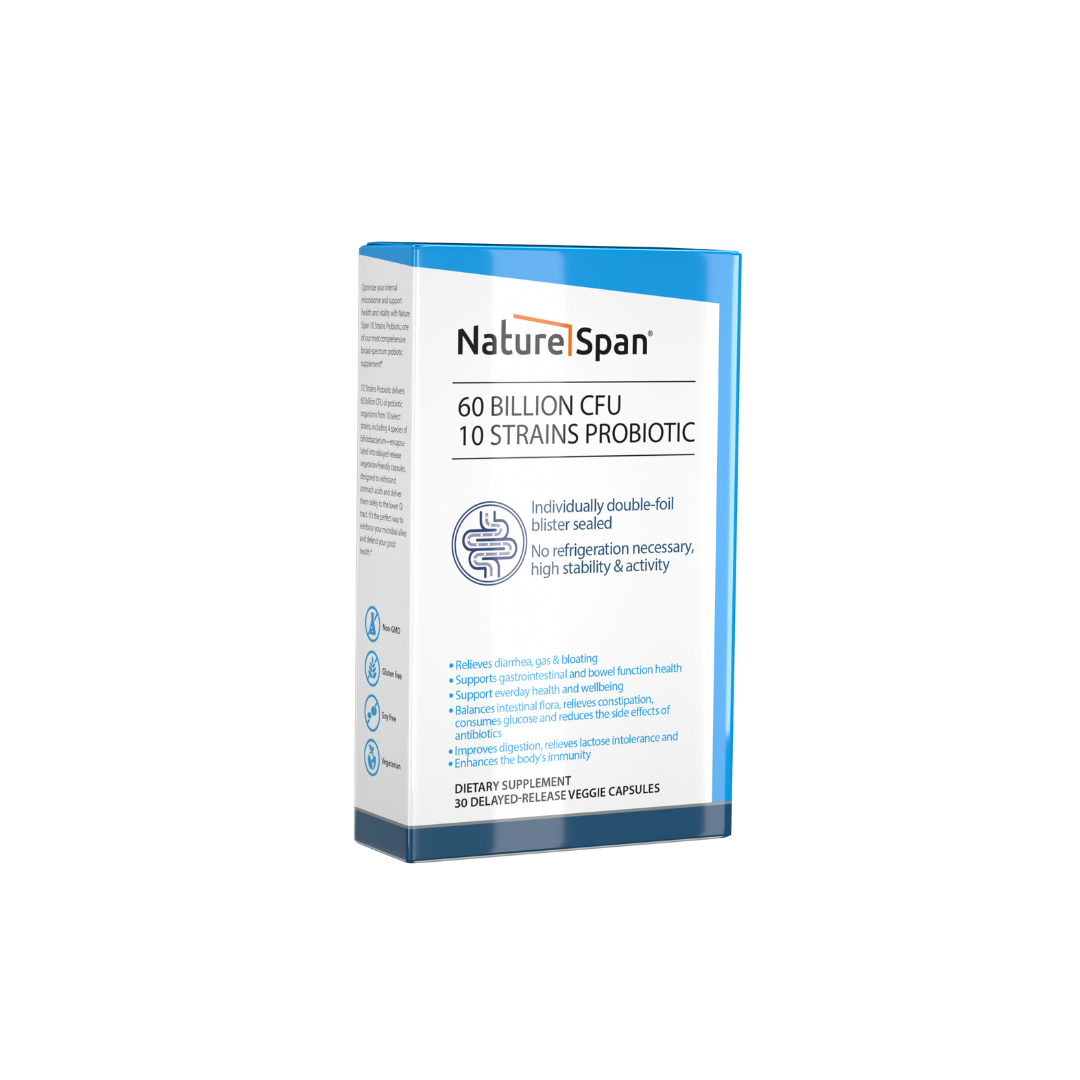 A box of NatureSpan® 60 Billion CFU 10 Strain Probiotics supplement with blue and white packaging.