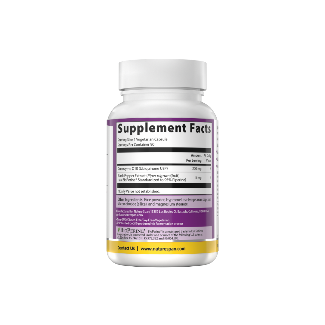 The supplement facts of NatureSpan® CoQ10 200mg supplement with black pepper extract.