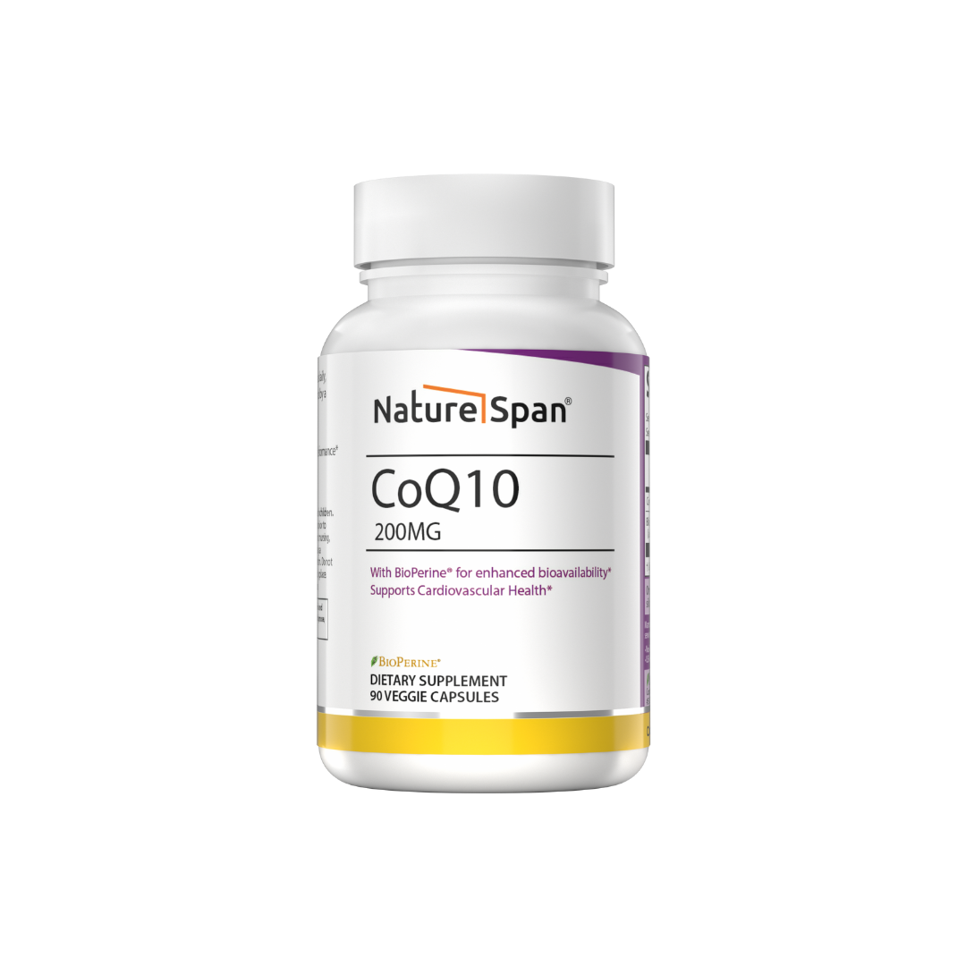 A bottle of NatureSpan® CoQ10 200mg supplement with black pepper extract.