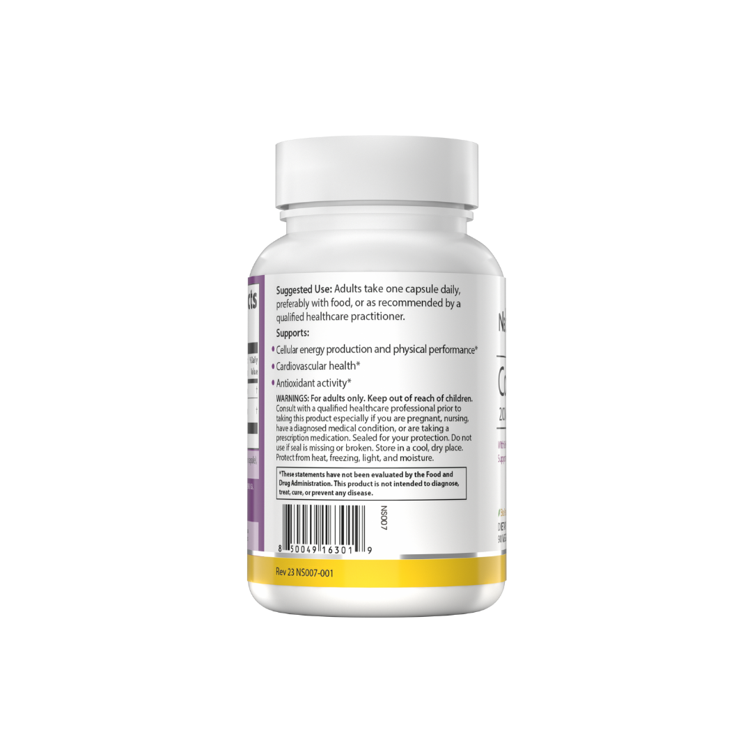 The backside of a bottle of NatureSpan® CoQ10 200mg supplement with black pepper extract.