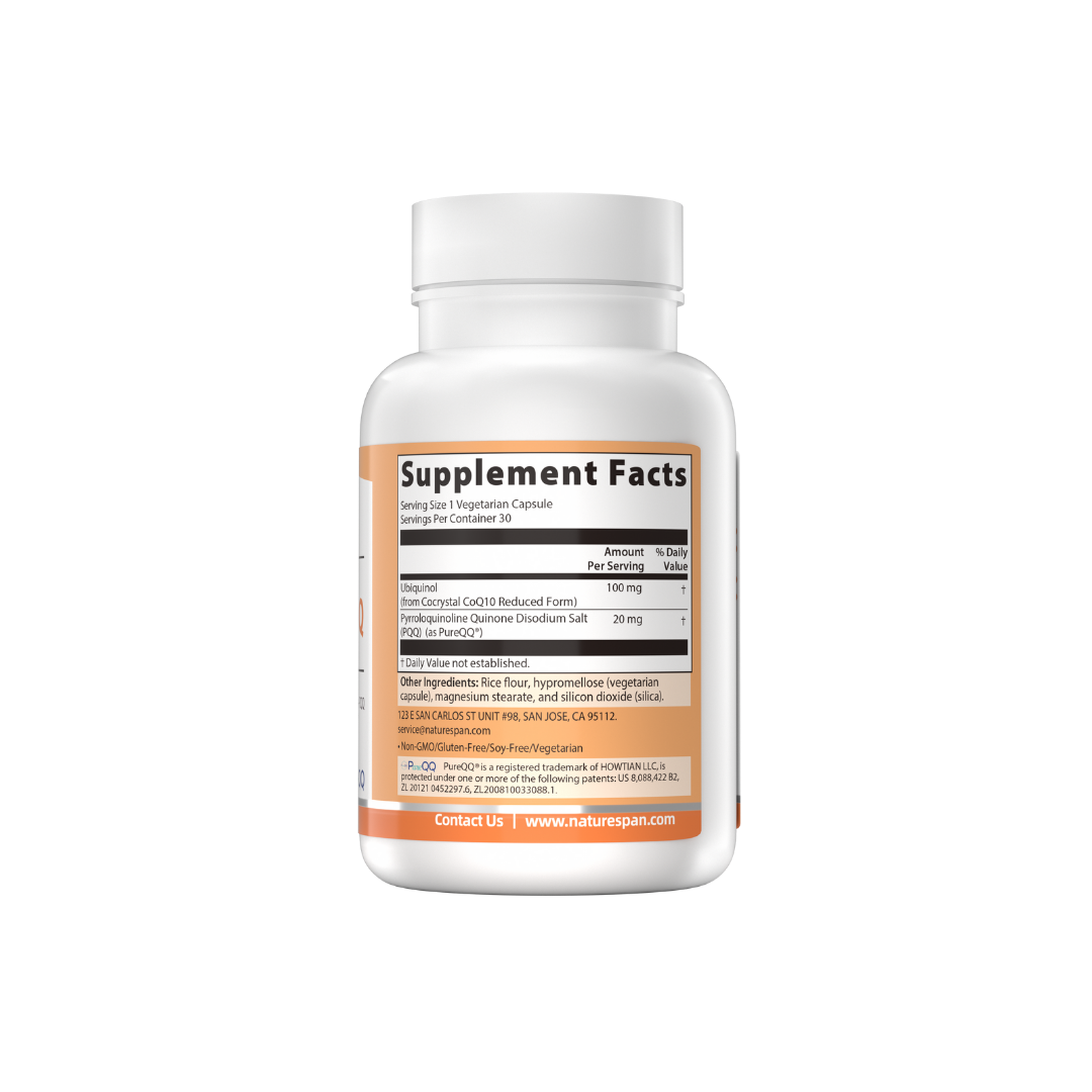 The supplement facts of NatureSpan® Super CoQ10 Ubiquinol 100 mg with PQQ 20 mg dietary supplement.