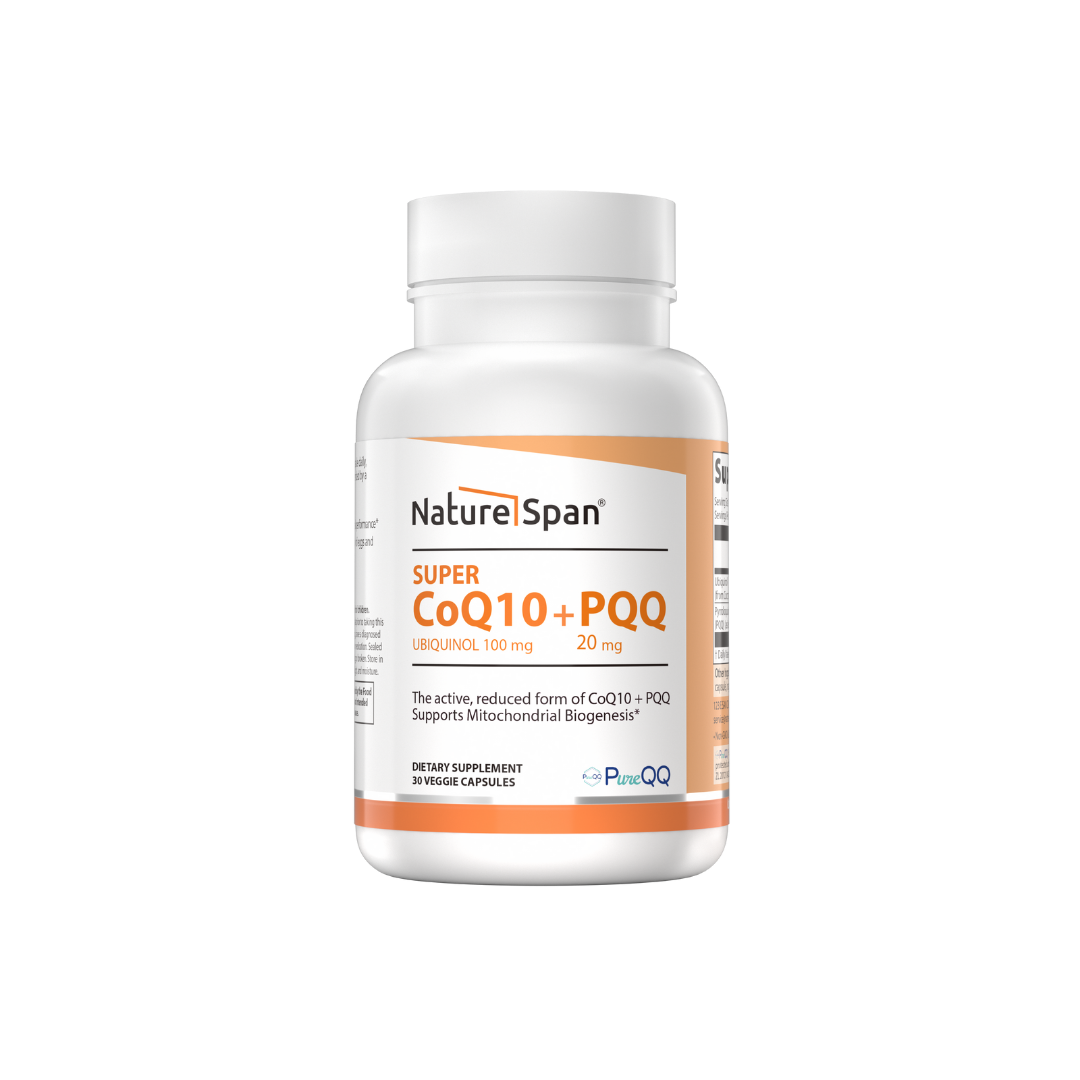 A bottle of NatureSpan® Super CoQ10 Ubiquinol 100 mg with PQQ 20 mg dietary supplement.
