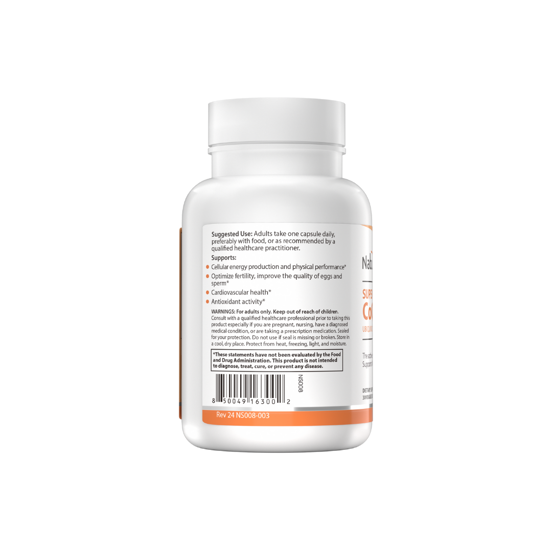 The backside of a bottle of NatureSpan®Super CoQ10 Ubiquinol 100 mg with PQQ 20 mg dietary supplement.