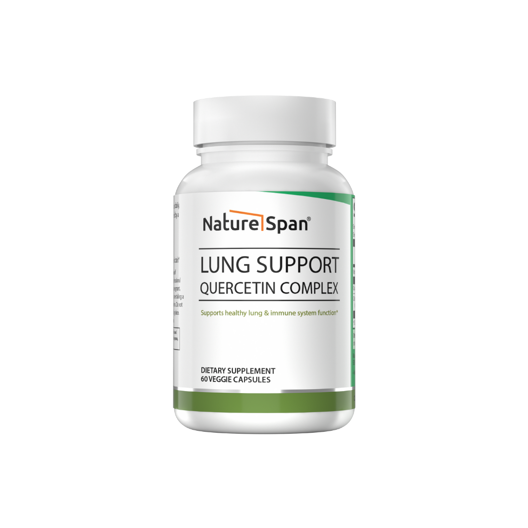 A bottle of NatureSpan® Lung Support Quercetin Complex dietary supplement with capsules inside, labeled for supporting lung health.